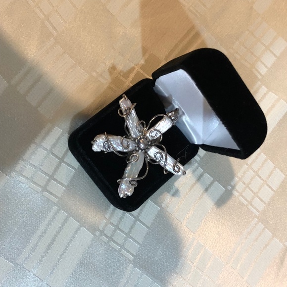 Huge Biwa Pearl Sterling Silver Flower Cocktail Ring  / Israeli Artist - sz 7